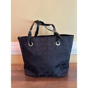 Michael Kors Black Canvas Tote Leather‎ Straps Gold Hardwares